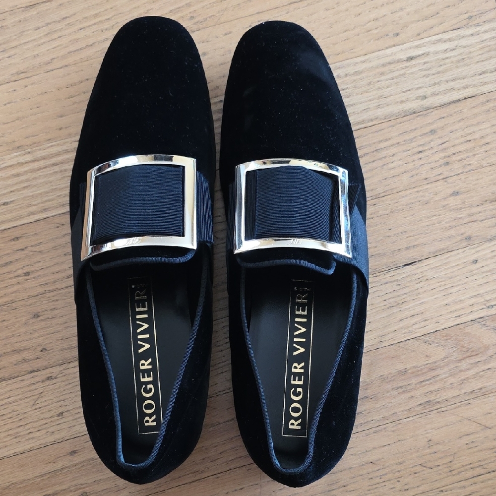 Roger Vivier Black Velvet Loafers with Silver Buckles Dressy Wedding
